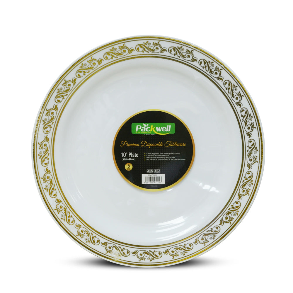 Plastic Luxury Party Plate White & Gold 10"