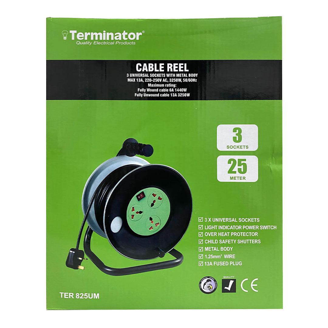 Terminator 3 Way Univ. Ext. Reel Socket with Lighted Switch 1.25MM 2 Wire & Metal Spool & Safety Shutter 25M