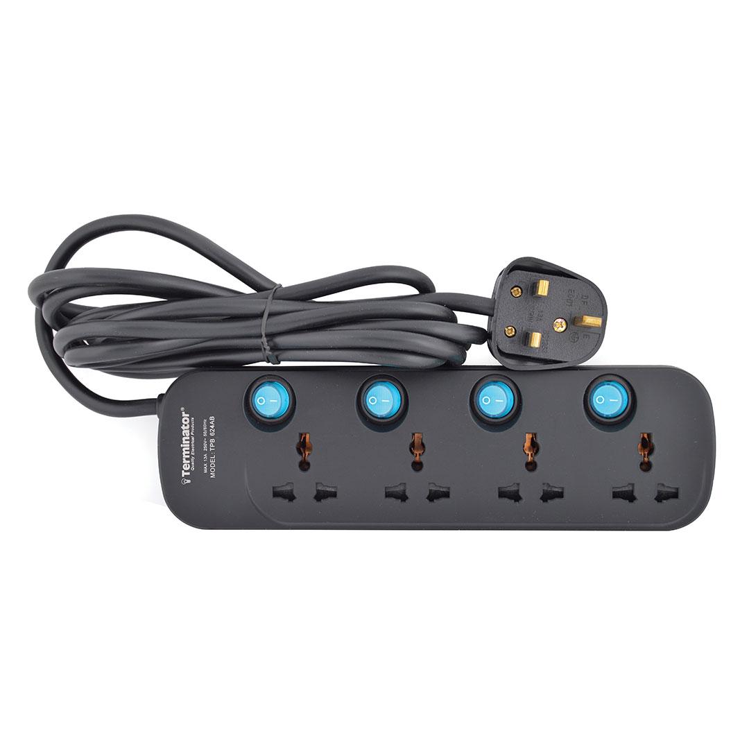 Terminator 4 Way Universal Power Extension Socket 3X1.25MM2 Black Body & Blue Switch 3M Cable 13A Plug Esma Approved
