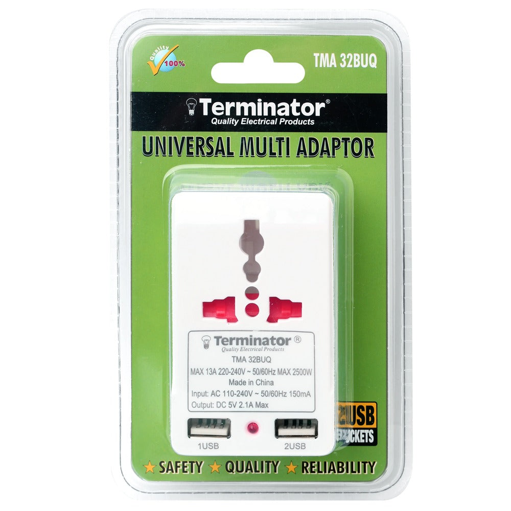 محول متعدد عالمي ثلاثي الاتجاهات من Terminator، واحد 3 سنون واثنان 2 سنون مع منفذي USB، قابس مسطح ثلاثي السنون 13 أمبير