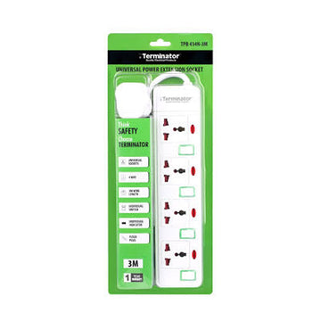 Terminator 4 Way Universal Power Extension Socket with Green Border Switches & Indicator 3M 13A
