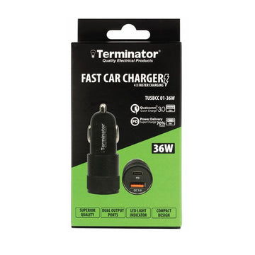 شاحن سيارة USB من ماركة Terminator بقوة 36 وات، أسود