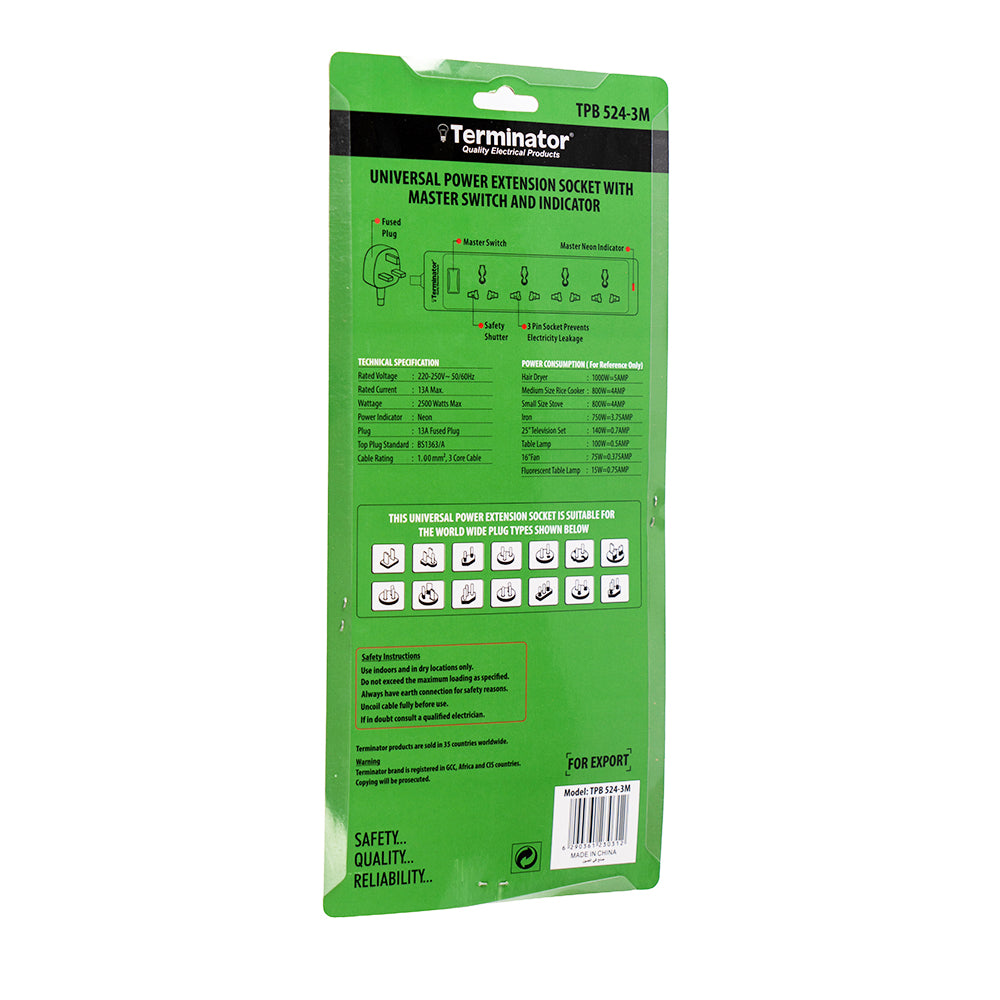 Terminator 4 Way Universal Power Extension Socket with  Switches & Indicator 3M