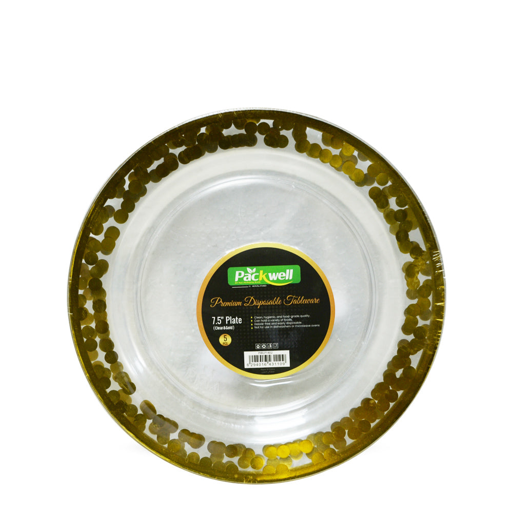 Plastic Luxury Party Plate Clear & Gold 7.5"