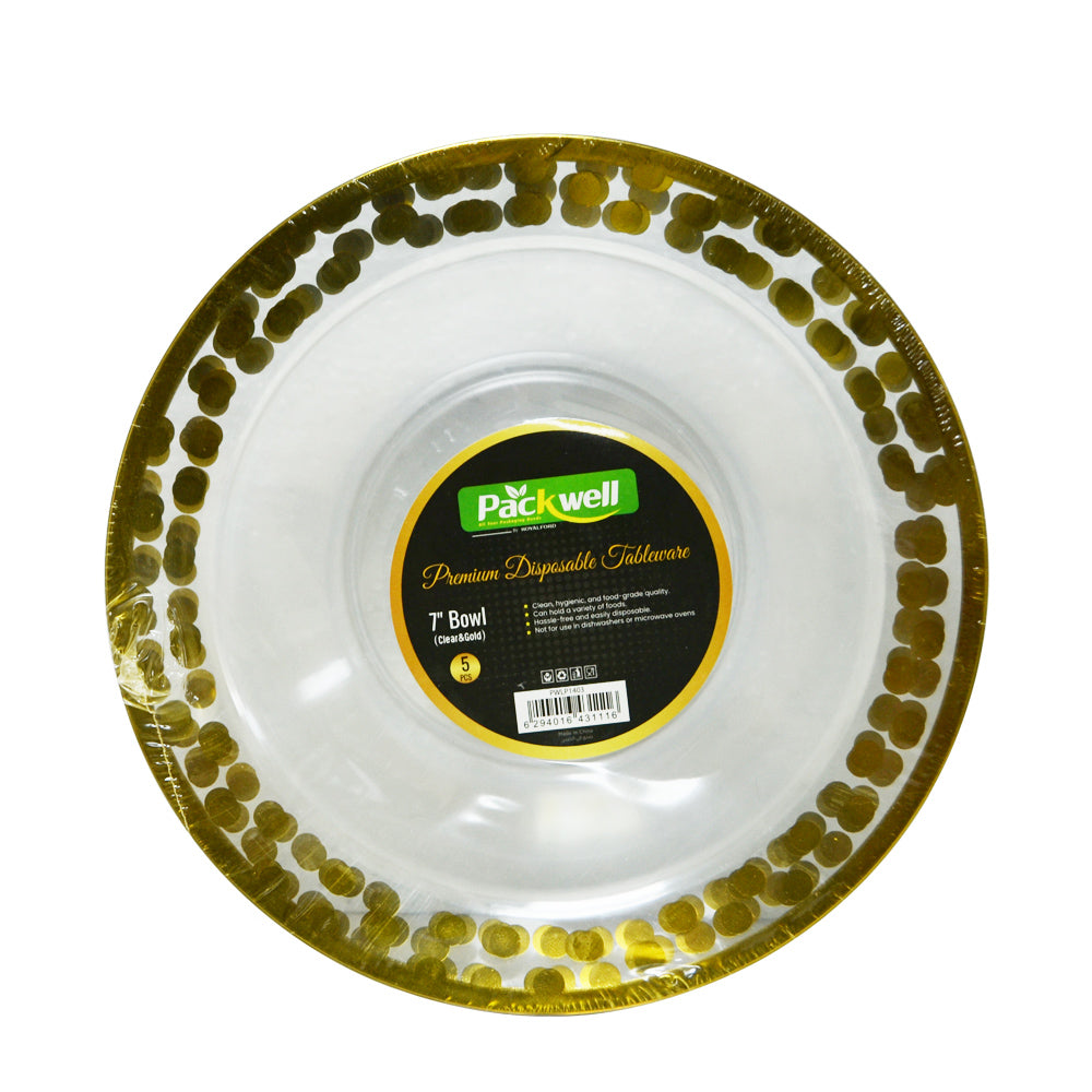 Plastic Luxury Party Bowl  Clear & Gold 7"