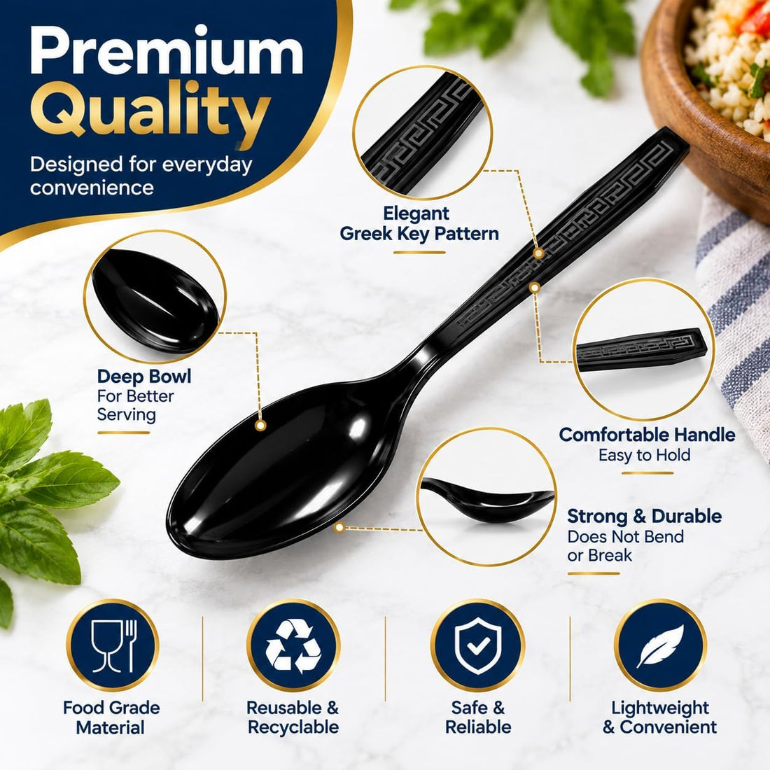 Flopack Heavy Duty Black Disposable Plastic Spoons   Pack of 50