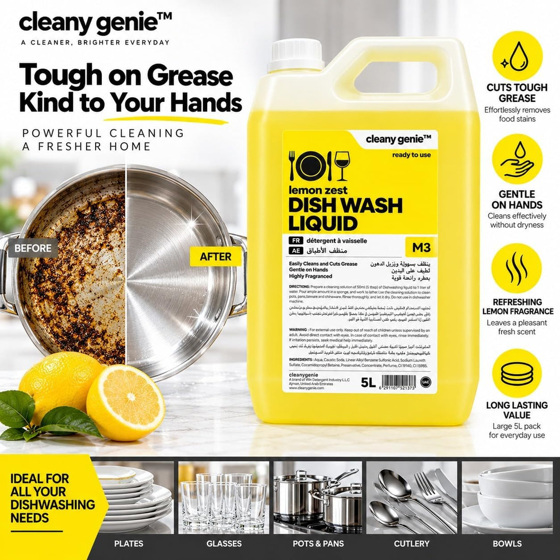 M3 Dishwashing Liquid Lemon 5L + Sponge 10 Pcs
