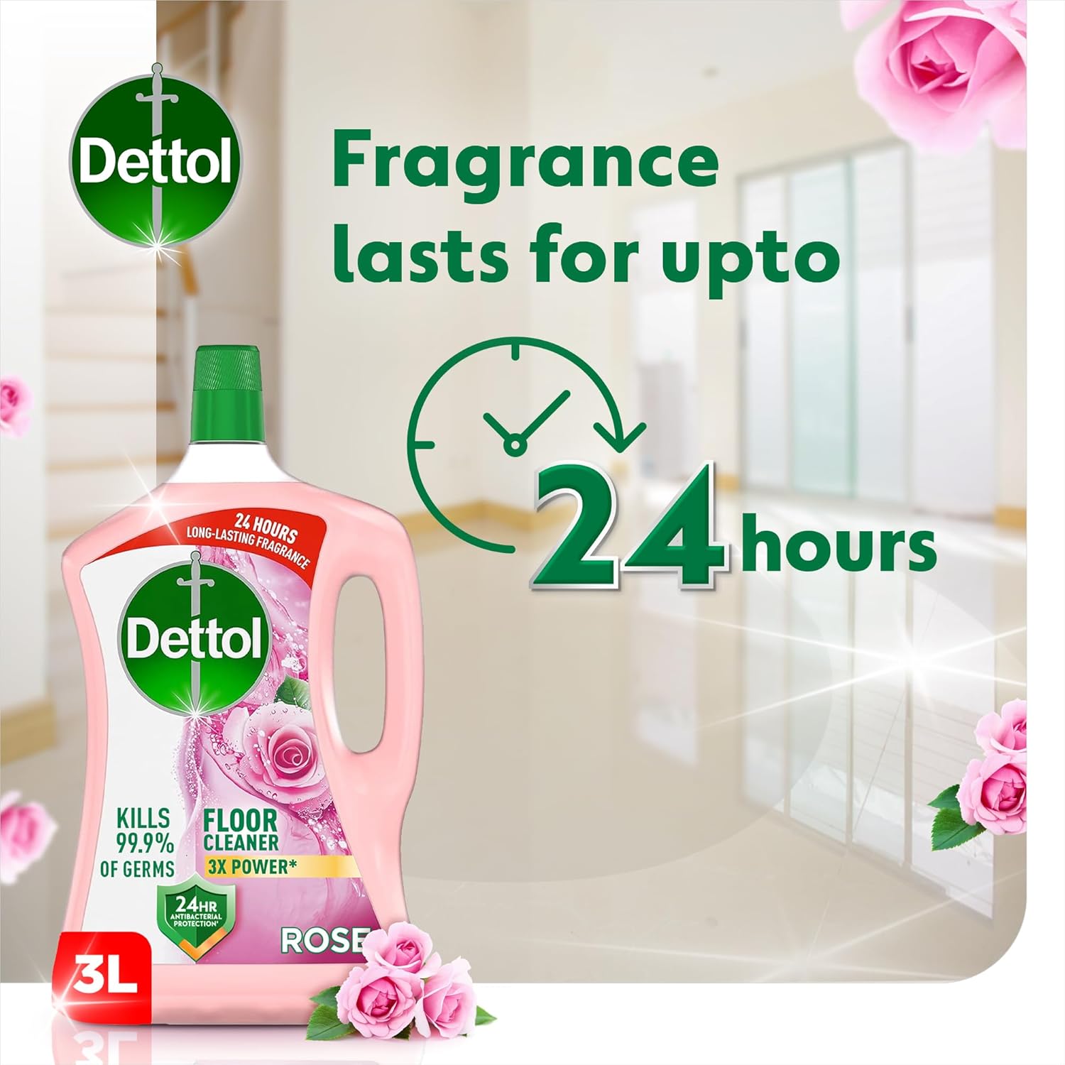 Dettol Multipurpose Floor Cleaner 3L Rose-Pack of 4