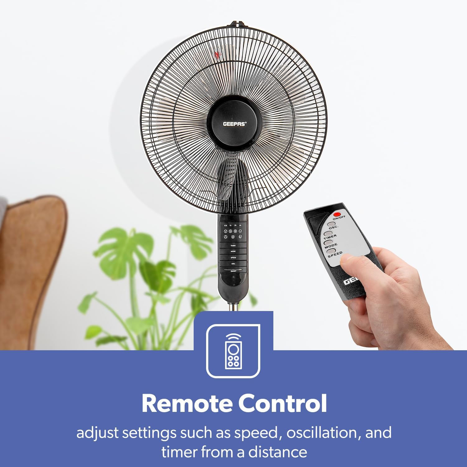 مروحة ستاند مقاس 16 بوصة/Rmt/5 أوراق/7.5 ساعات/3 سرعات/Osc