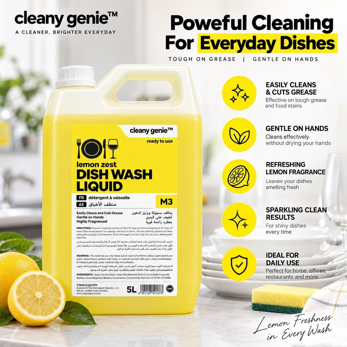 M3 Dishwashing Liquid Lemon 5L + Sponge 10 Pcs