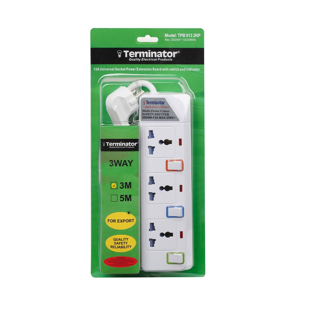 Terminator 3 Way Universal Power Extension Socket with Individual Switches & Indicators 3M Cable Suchko Plug