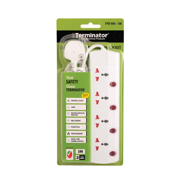 Terminator 4 Way Universal Power Extension Socket, Individual Switches With Neon Indicator,1.25mm2 Cable 3M & 13A Fused Plug Esma Approved