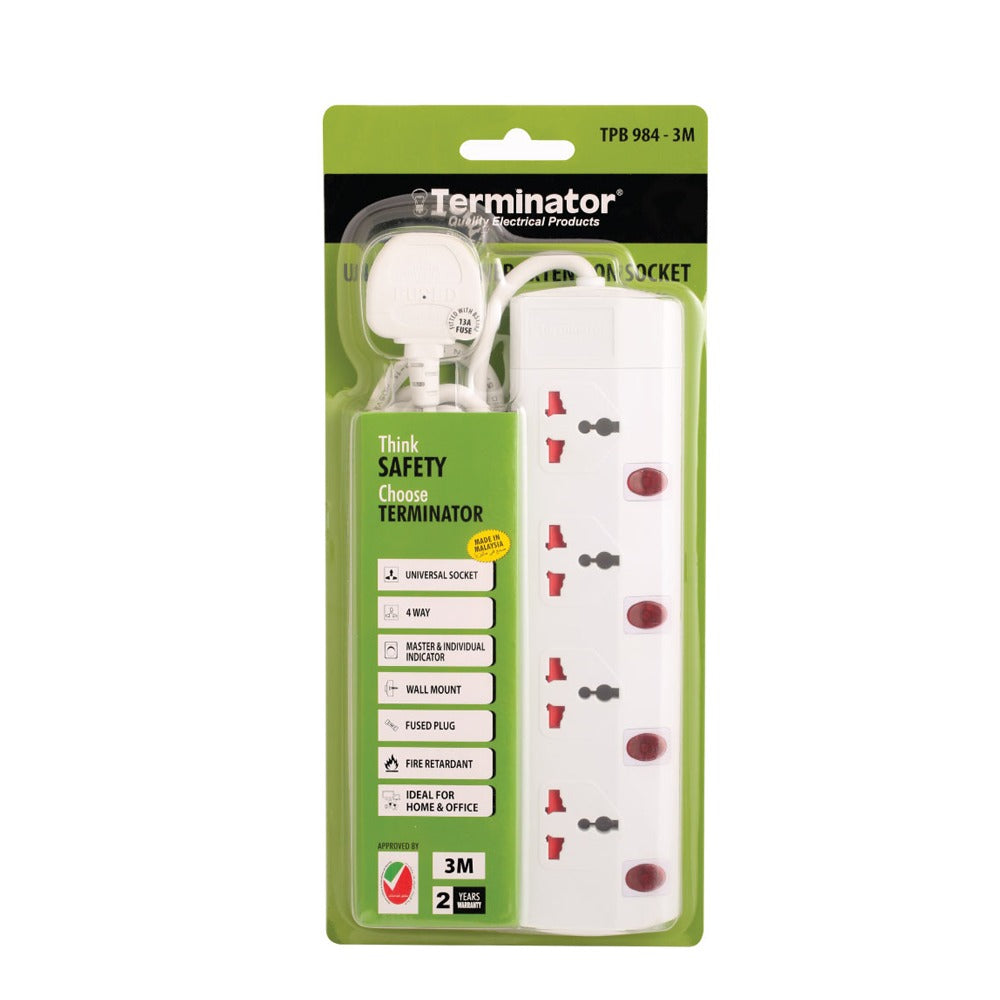 Terminator 4 Way Universal Power Extension Socket, Individual Switches With Neon Indicator,1.25mm2 Cable 3M & 13A Fused Plug Esma Approved