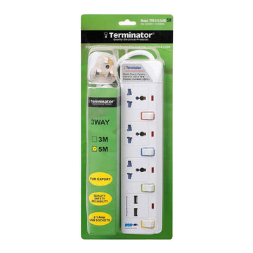 Terminator 3 way Power Extension Socket with 2 USB 2.1A 5M 13A Plug