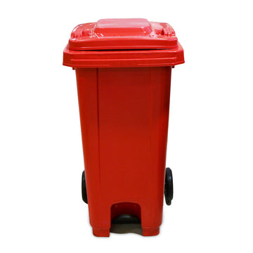 سلة مهملات بلاستيكية سعة 120 لترًا مزودة بدواسة وعجلات، لون أحمر