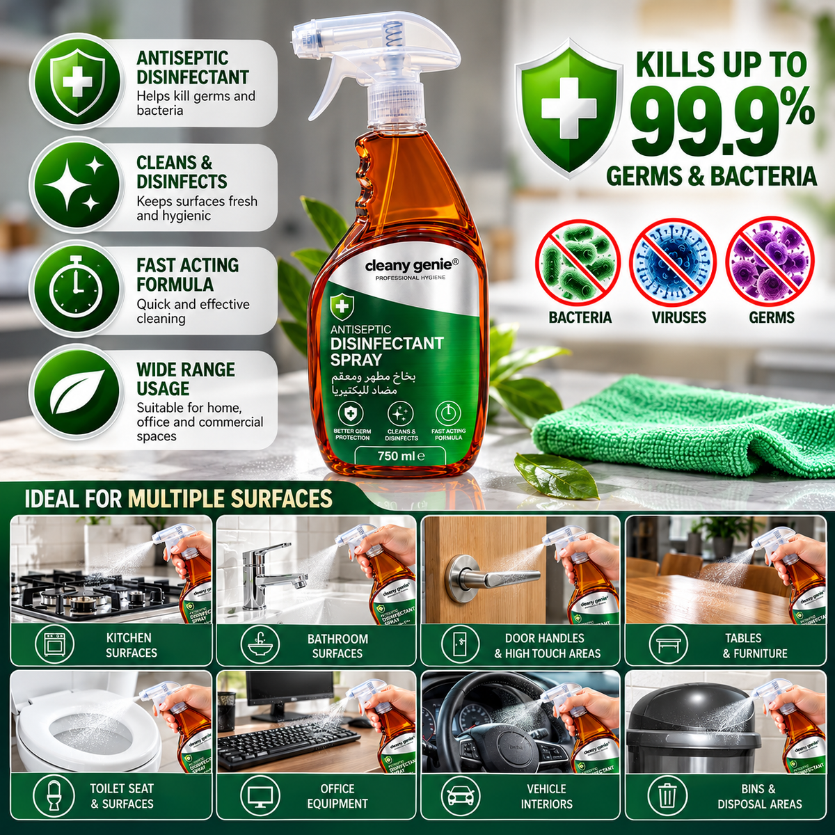 Cleany Genie Antiseptic Disinfectant Spray 750ml – Multi-Surface Cleaner