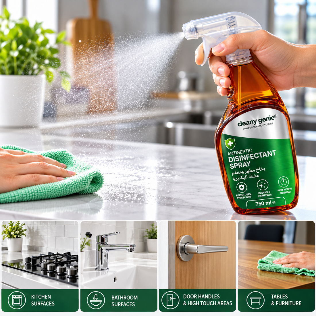 Cleany Genie Antiseptic Disinfectant Spray 750ml Pack of 12 - Multi-Surface Cleaner