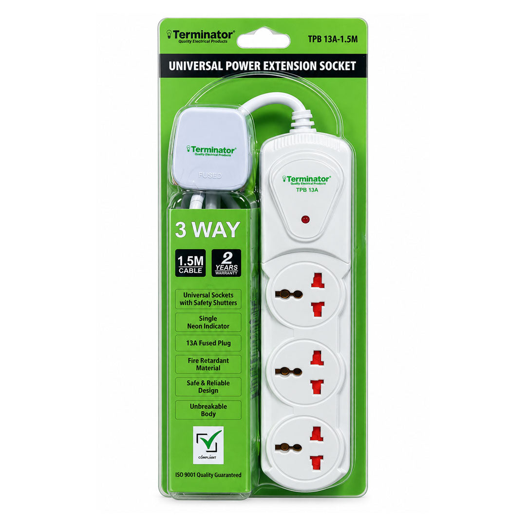 Terminator 3 Way Universal Power Extension Socket With Single Indicator 1.00mm2 Cable 1.5M 13A Fused Plug Esma Approved