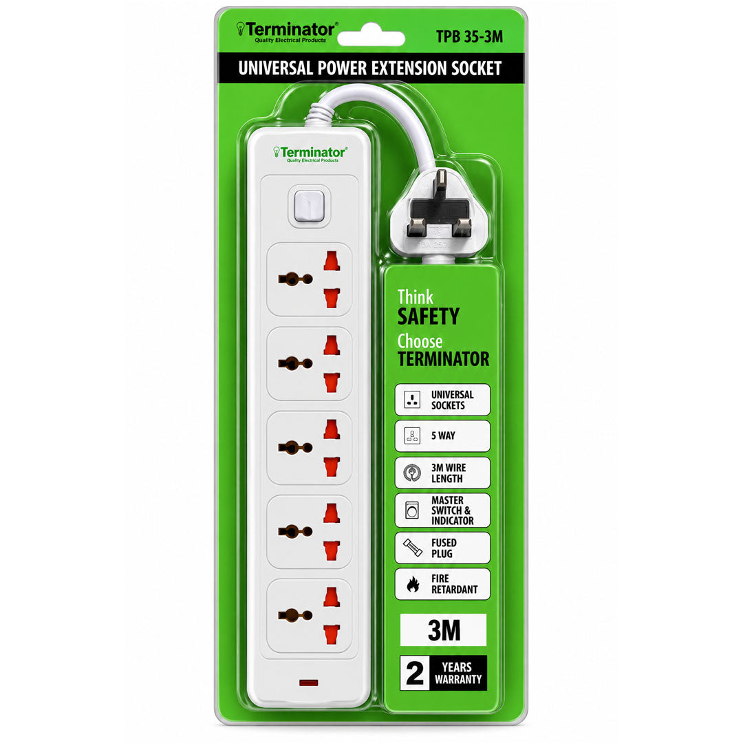 Terminator 5 Way Universal Power Extension Socket With Master Switch, Single Indicator 3M Cable Esma Approved