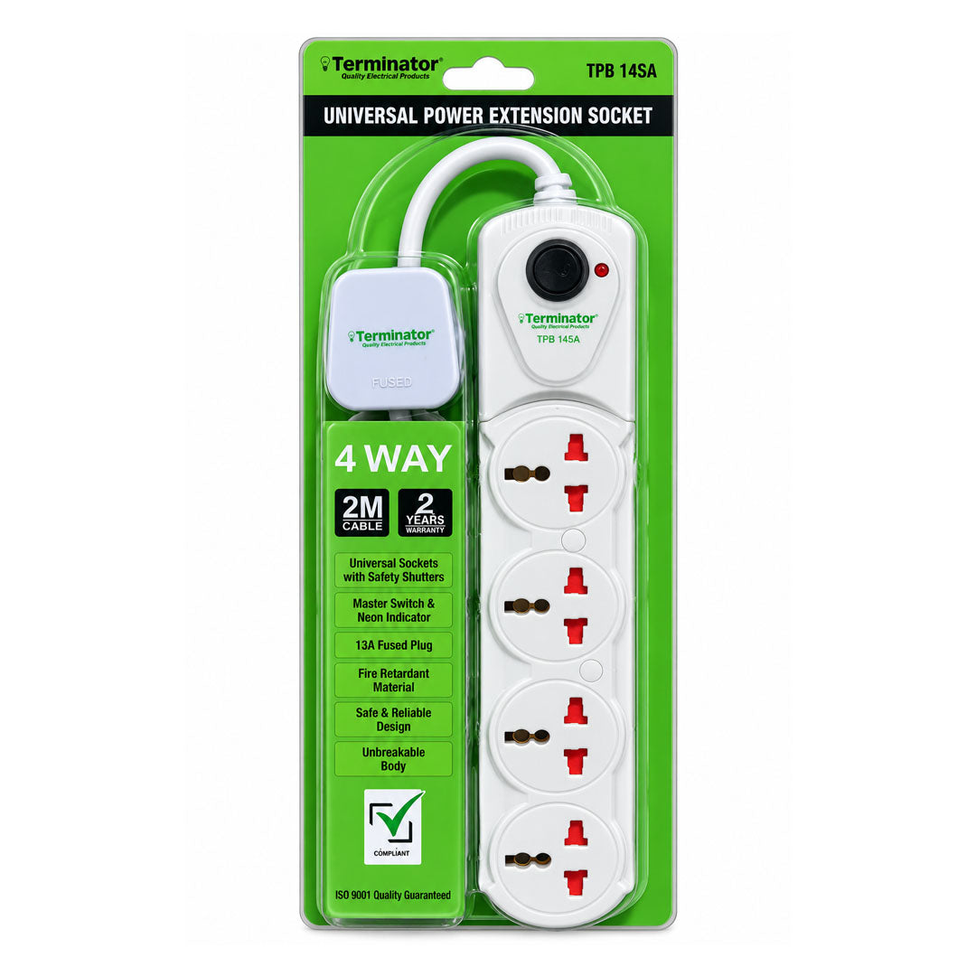 Terminator 4 Way Universal Power Extension Socket With Master Switch & Indicator 1.00mm2 Cable 2M & 13A Fused Plug Esma Approved