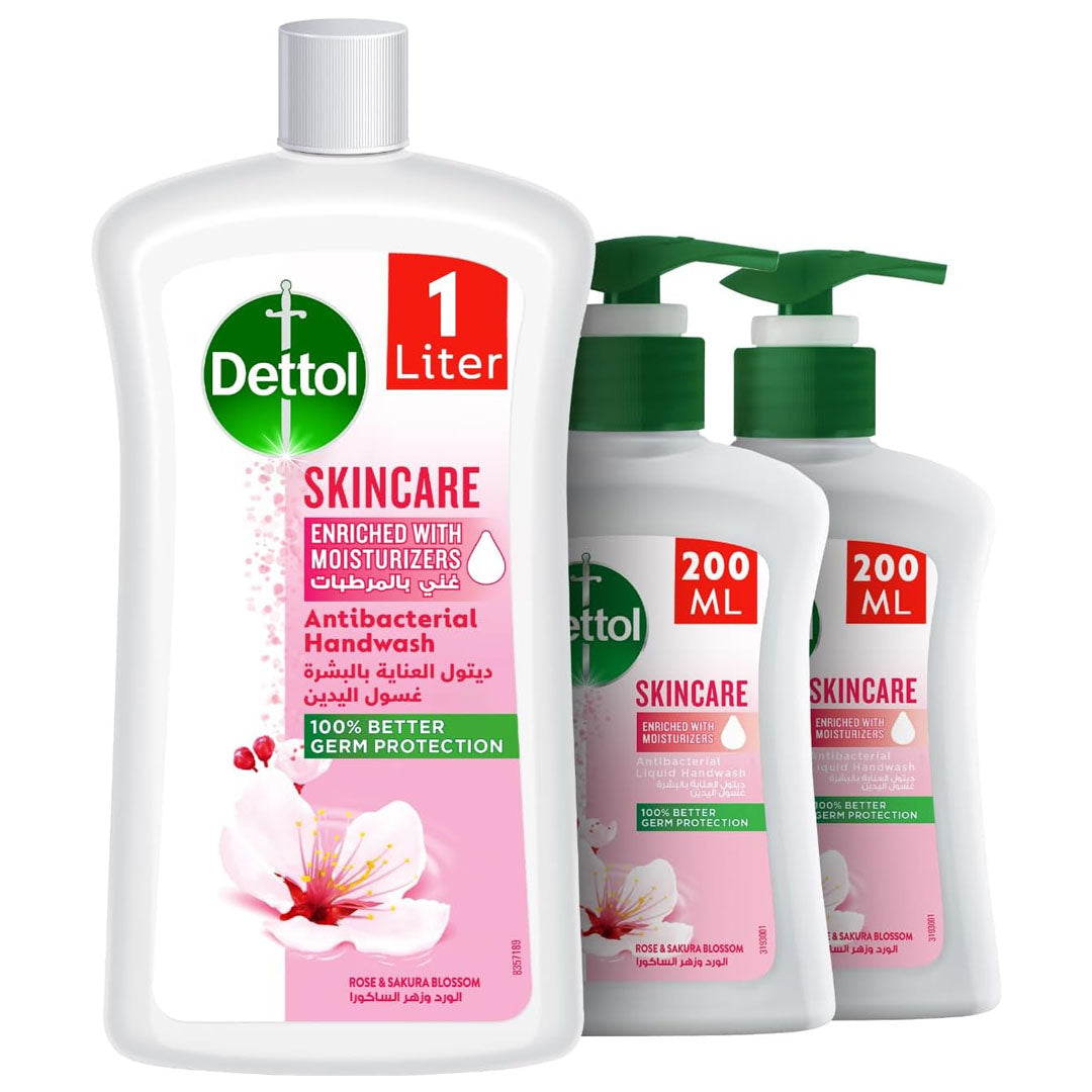 Dettol Skincare Liquid Handwash Pump, Rose & Sakura Blossom Scent, 200ml x 2 + 1L Refill