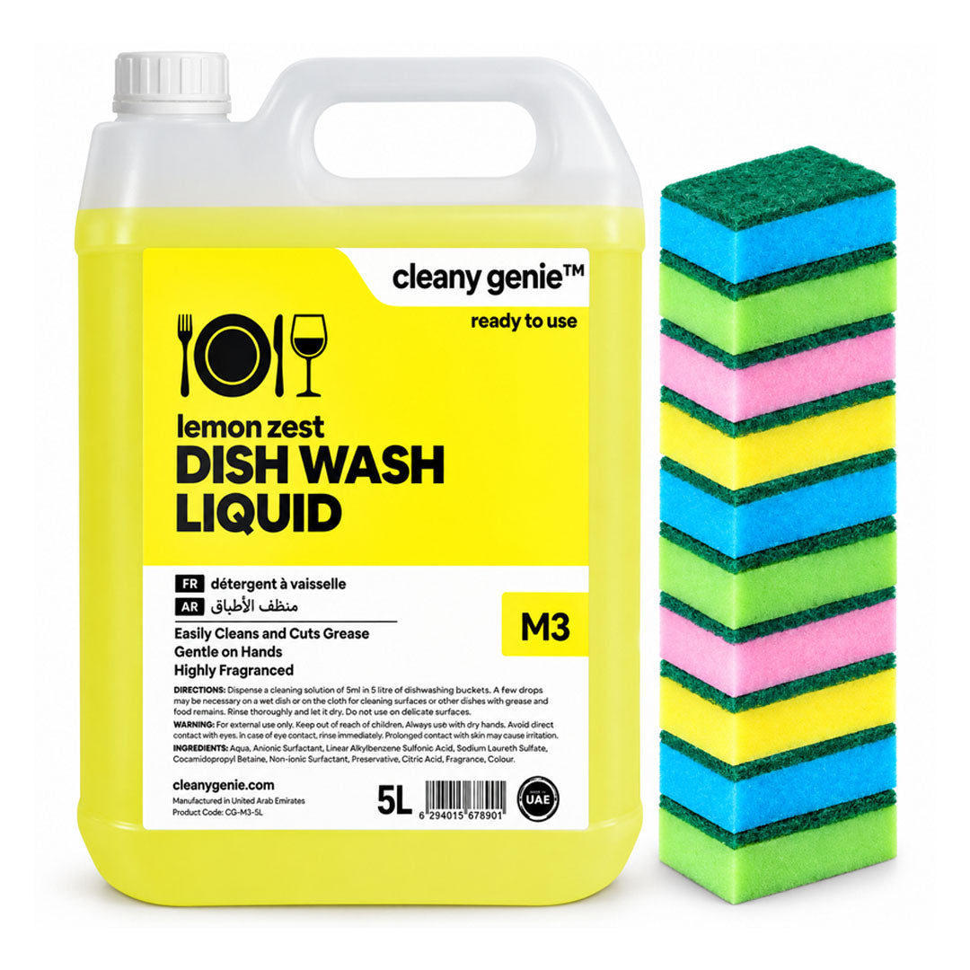 M3 Dishwashing Liquid Lemon 5L + Sponge 10 Pcs