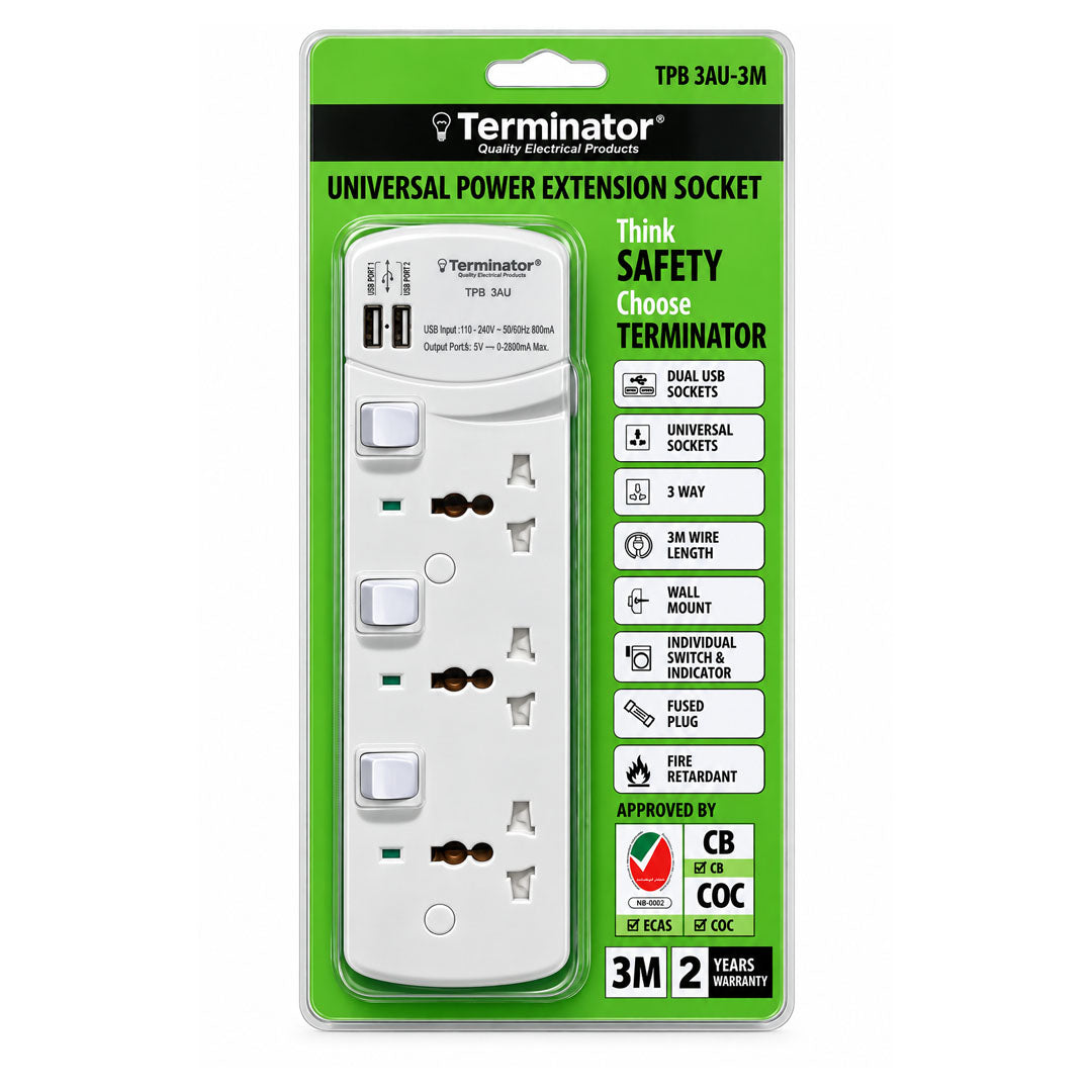 مقبس تمديد الطاقة العالمي 3 اتجاهات من Terminator مع مفاتيح ومؤشرات فردية 2USB 3M 13A معتمد من Esma