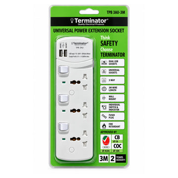 مقبس تمديد الطاقة العالمي 3 اتجاهات من Terminator مع مفاتيح ومؤشرات فردية 2USB 3M 13A معتمد من Esma