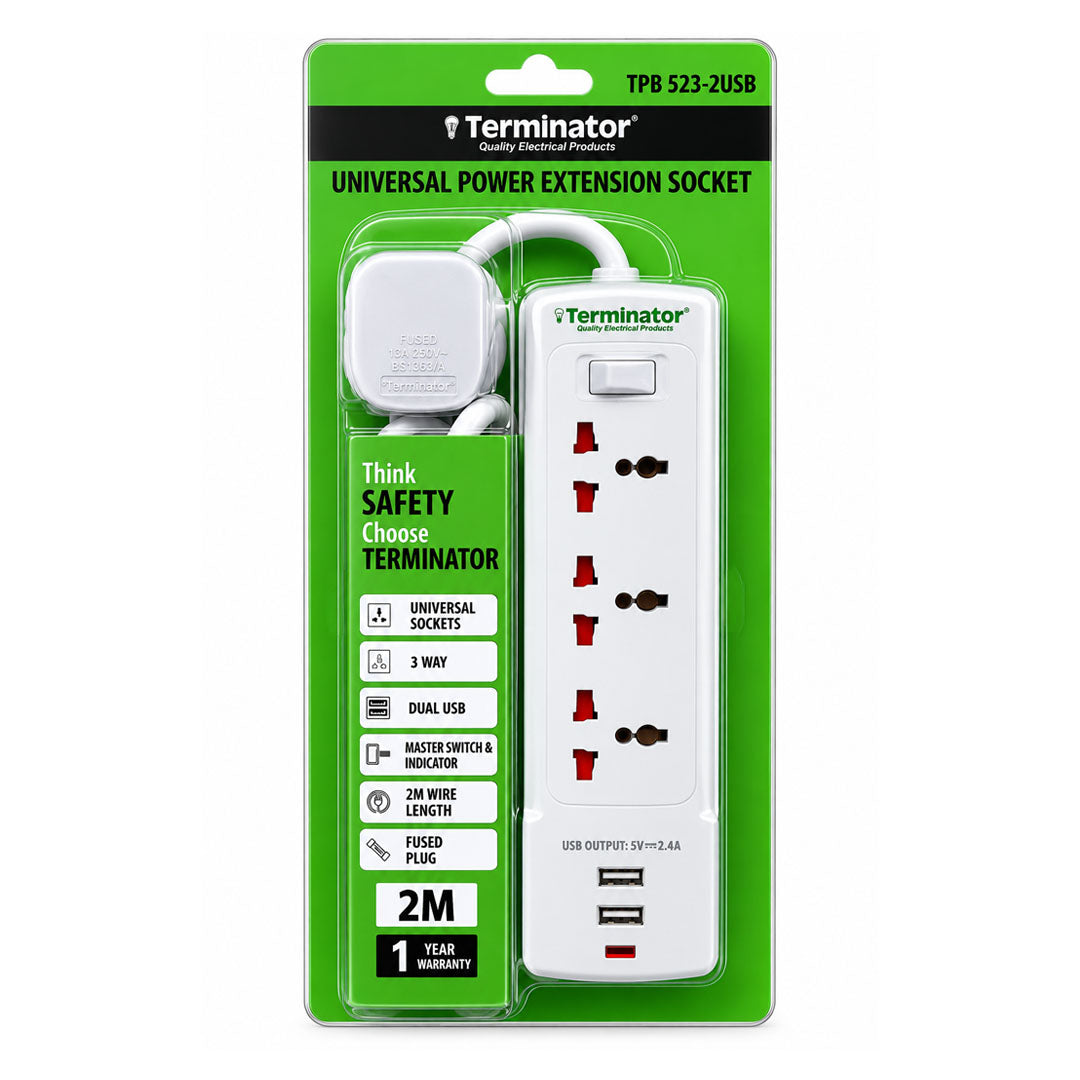 Terminator 3 way Universal Power Extension Socket with 2 USB 2.4A, Master Switch, Indicator and 2M Cable