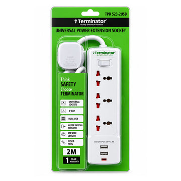 Terminator 3 way Universal Power Extension Socket with 2 USB 2.4A, Master Switch, Indicator and 2M Cable