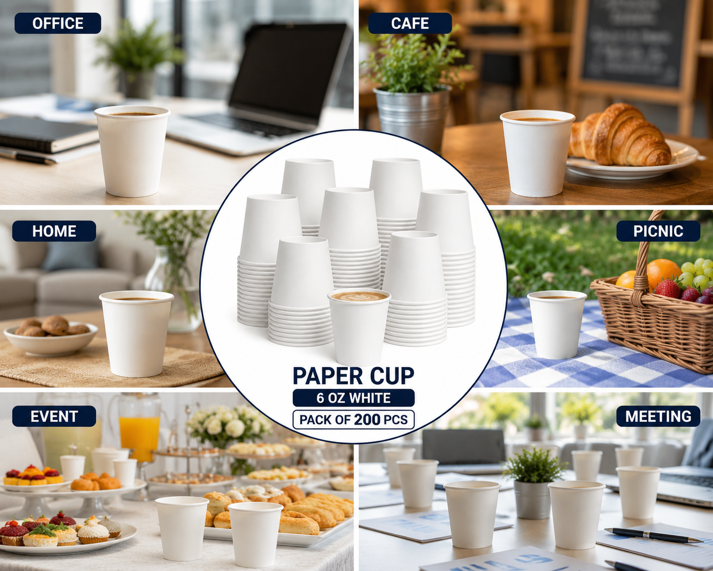 Paper Cups 6oz White Pack of 200 Pcs