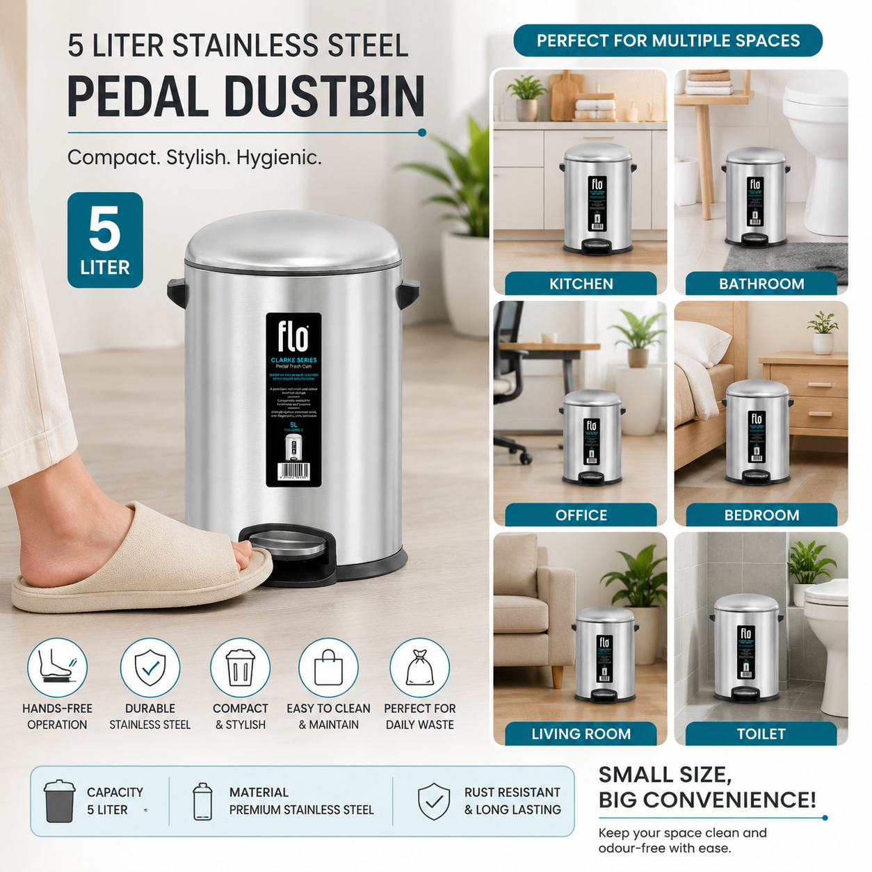 FLO S.S DUSTBIN - CLARKE  MATT STEEL 5L