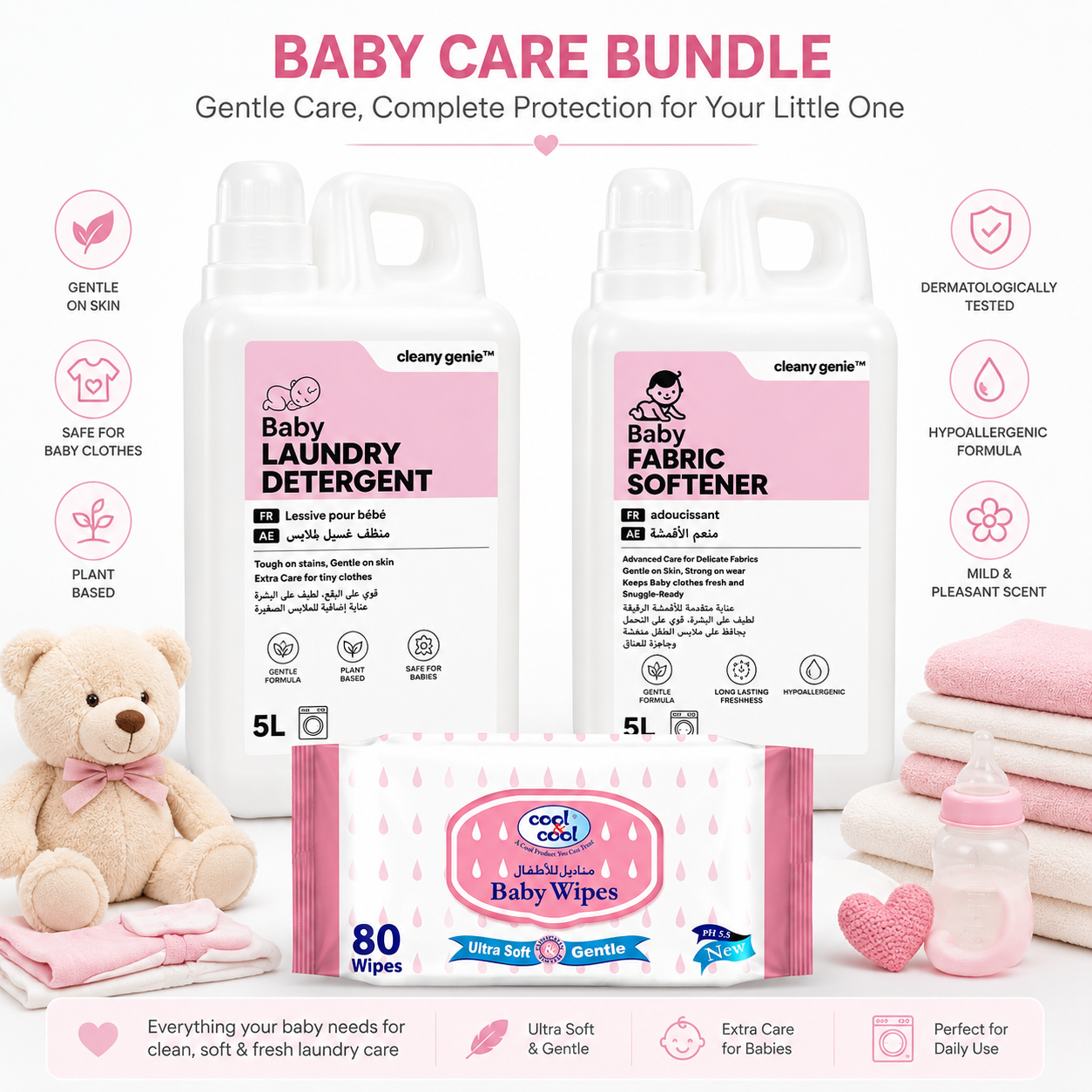 Baby Laundry Detergent 5L + Baby Fabric Softener 5L + Baby Wipes 80 Wipes
