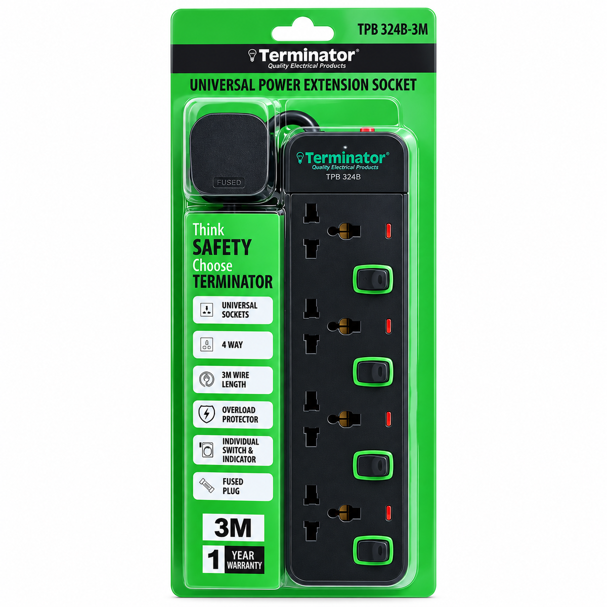 Terminator 4 Way Universal Power Extension Socket with  Switches & Indicator 3M