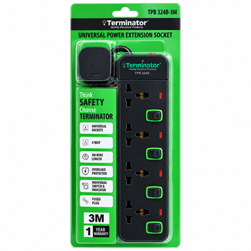 Terminator 4 Way Universal Power Extension Socket with  Switches & Indicator 3M