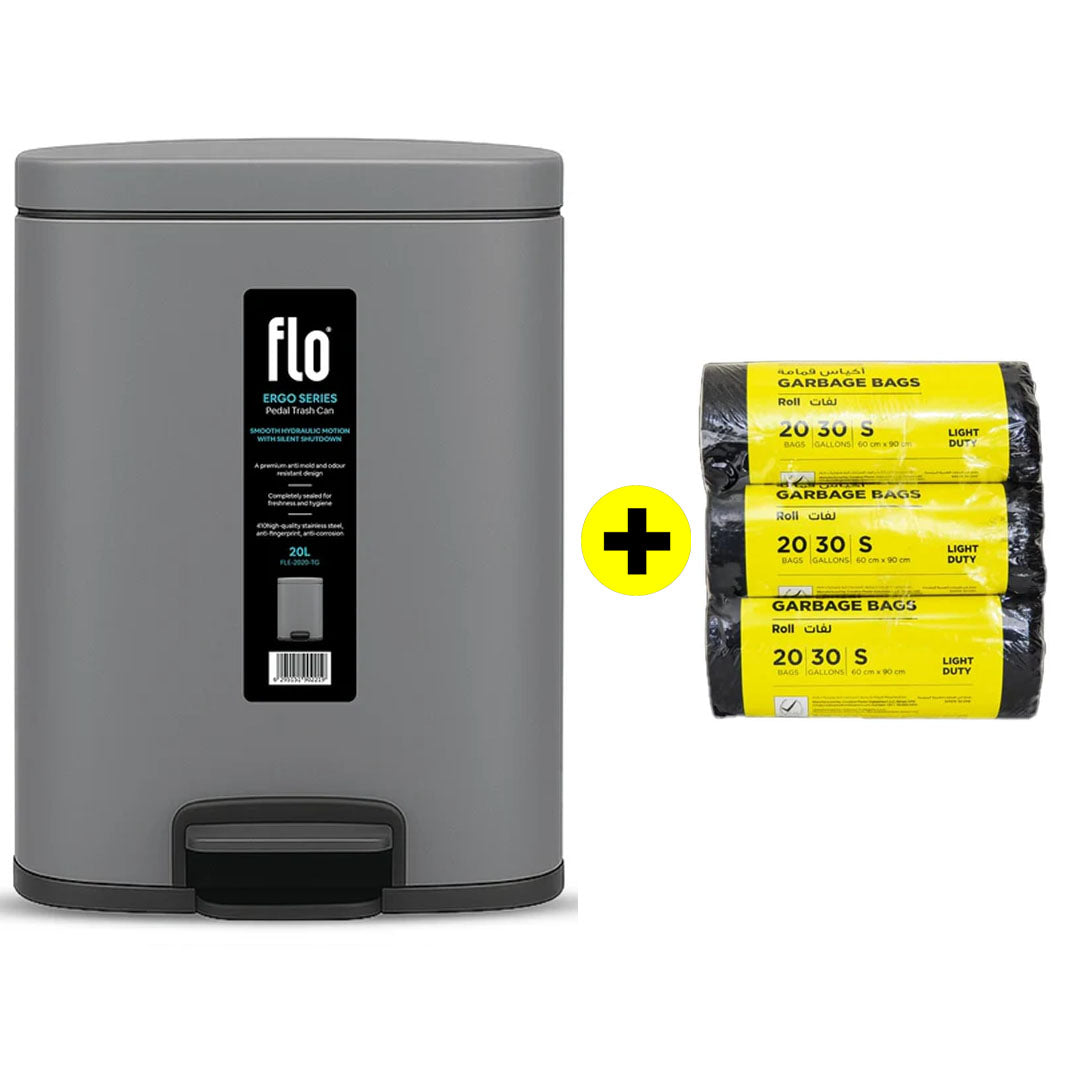 FLO DUSTBIN - ERGO TITANIUM GRAY 20L + FREE HD Garbage Black Roll S | 60X90CM | 3 Rolls