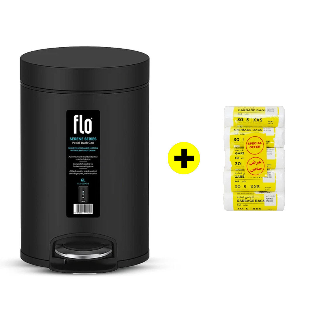 FLO DUSTBIN - SERENE BLACK 6L + FREE HD Garbage White Roll XXS | 45X52CM | 5 Rolls