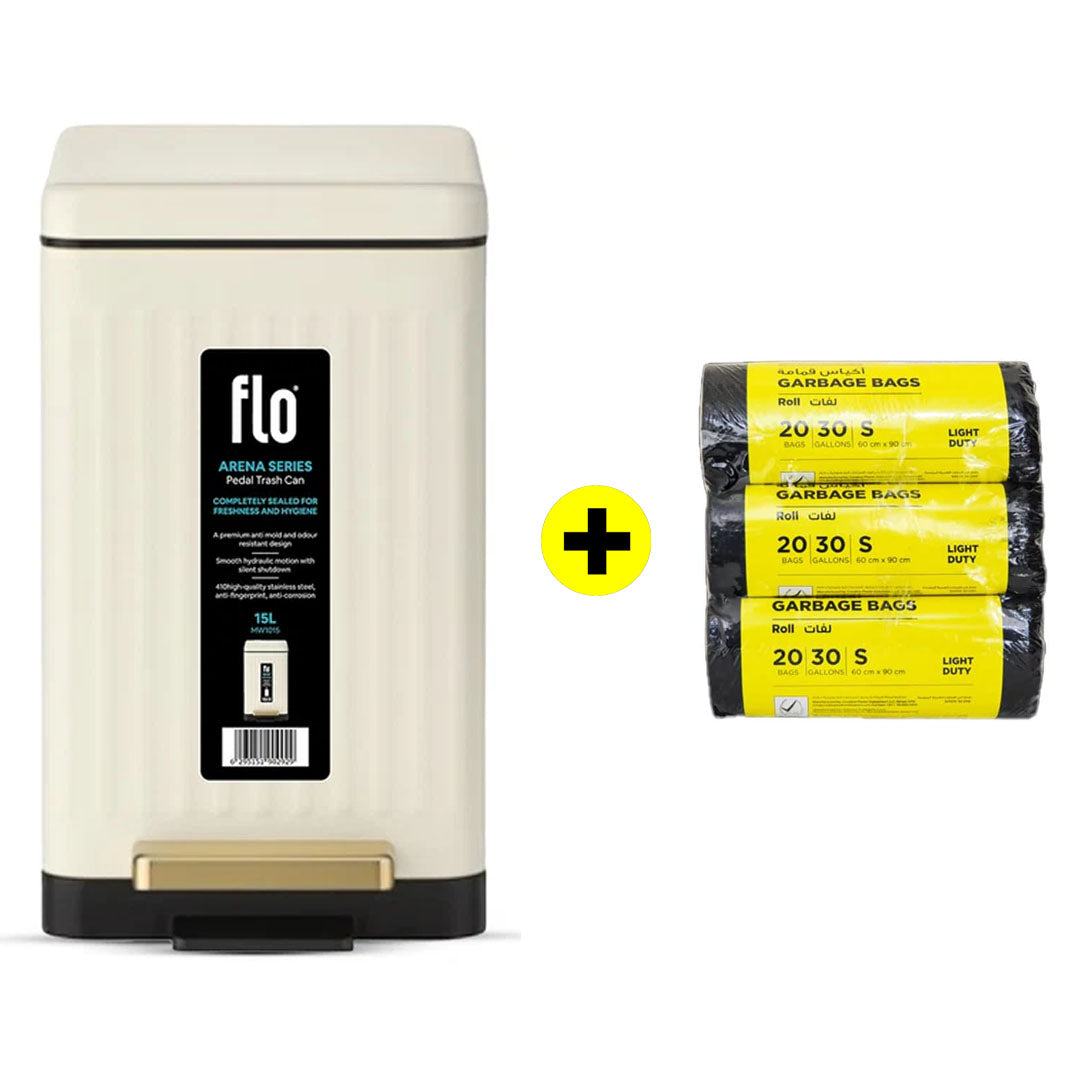 FLO S.S DUSTBIN - ARENA MILK WHITE 15L + FREE HD Garbage Black Roll S | 60X90CM | 3 Rolls