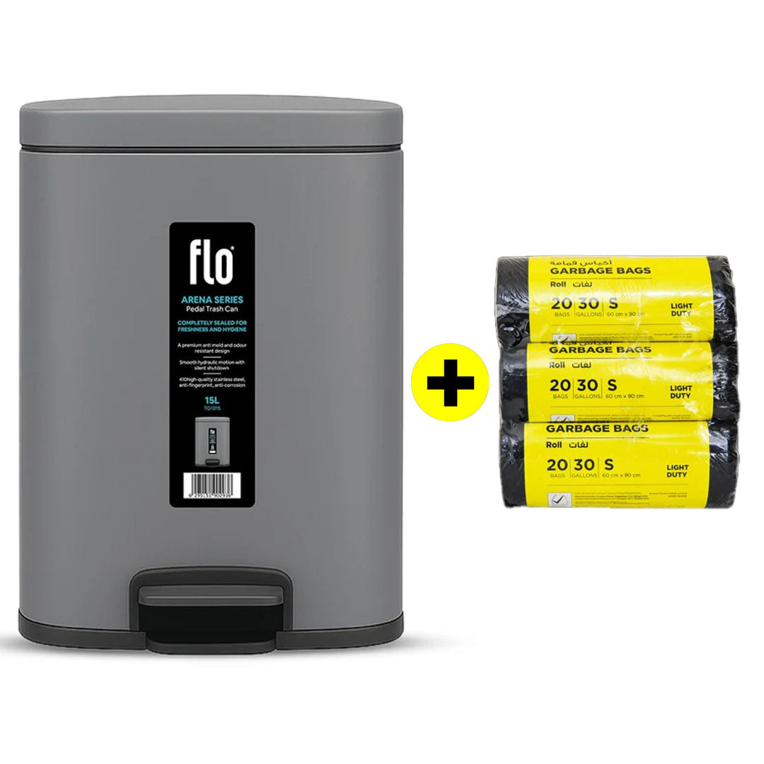 FLO S.S DUSTBIN - ARENA TITANIUM GRAY 15L + FREE HD Garbage Black Roll S | 60X90CM | 3 Rolls