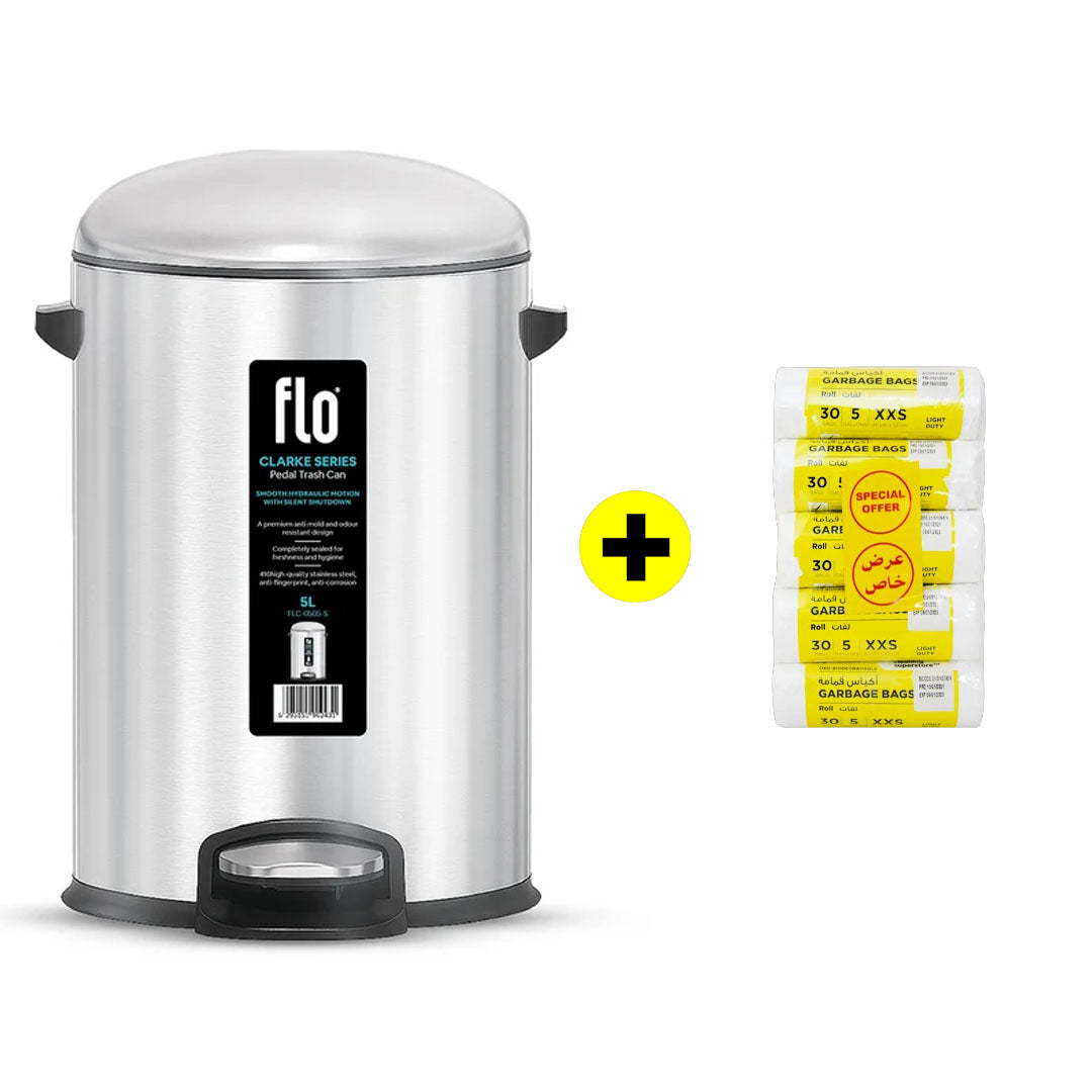 FLO S.S DUSTBIN - CLARKE MATT STEEL 5L + FREE HD Garbage White Roll XXS | 45X52CM | 5 Rolls