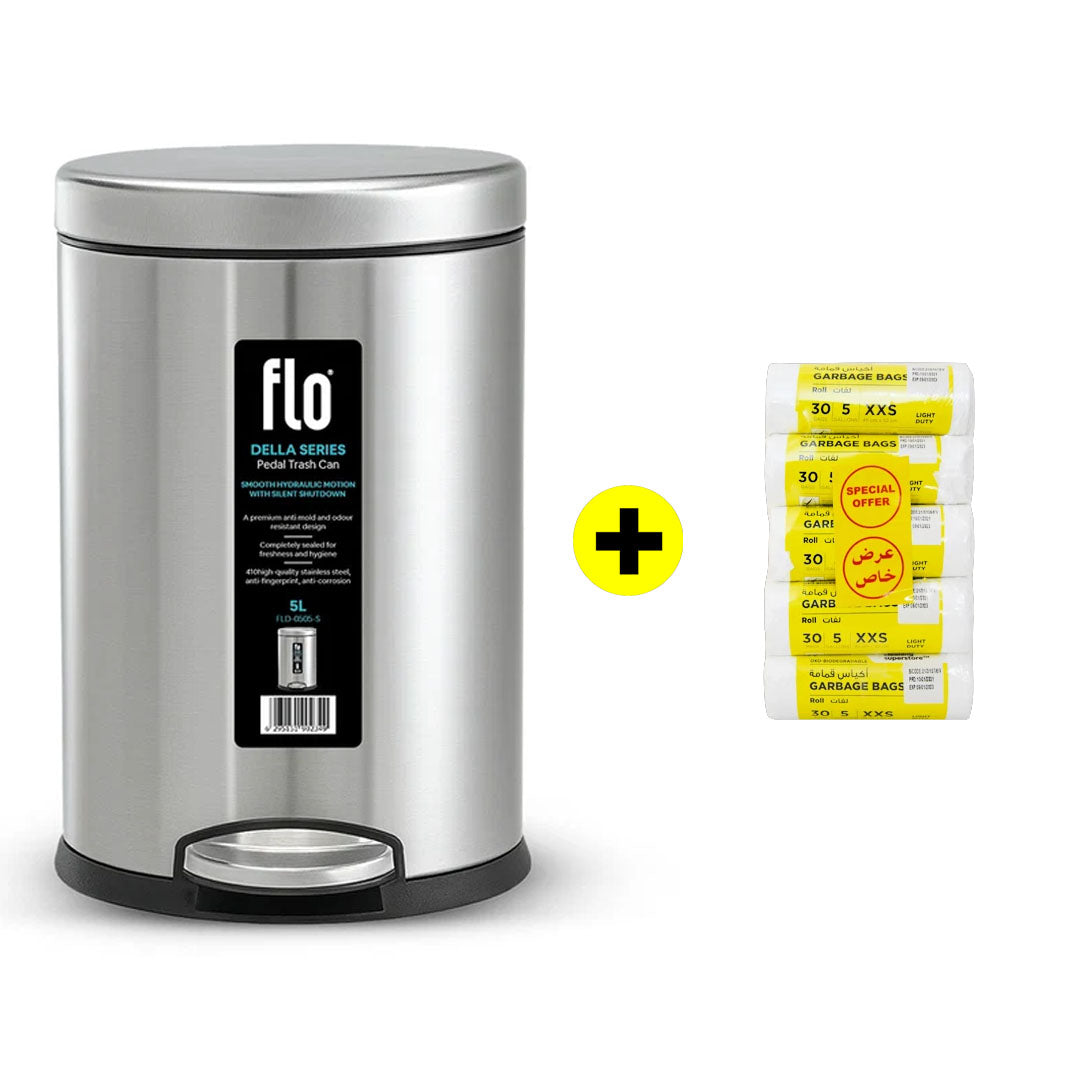 FLO S.S DUSTBIN - DELLA MATT STEEL 5L + FREE  HD Garbage White Roll XXS | 45X52CM | 5 Rolls