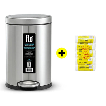 FLO S.S DUSTBIN - DELLA MATT STEEL 5L + FREE  HD Garbage White Roll XXS | 45X52CM | 5 Rolls