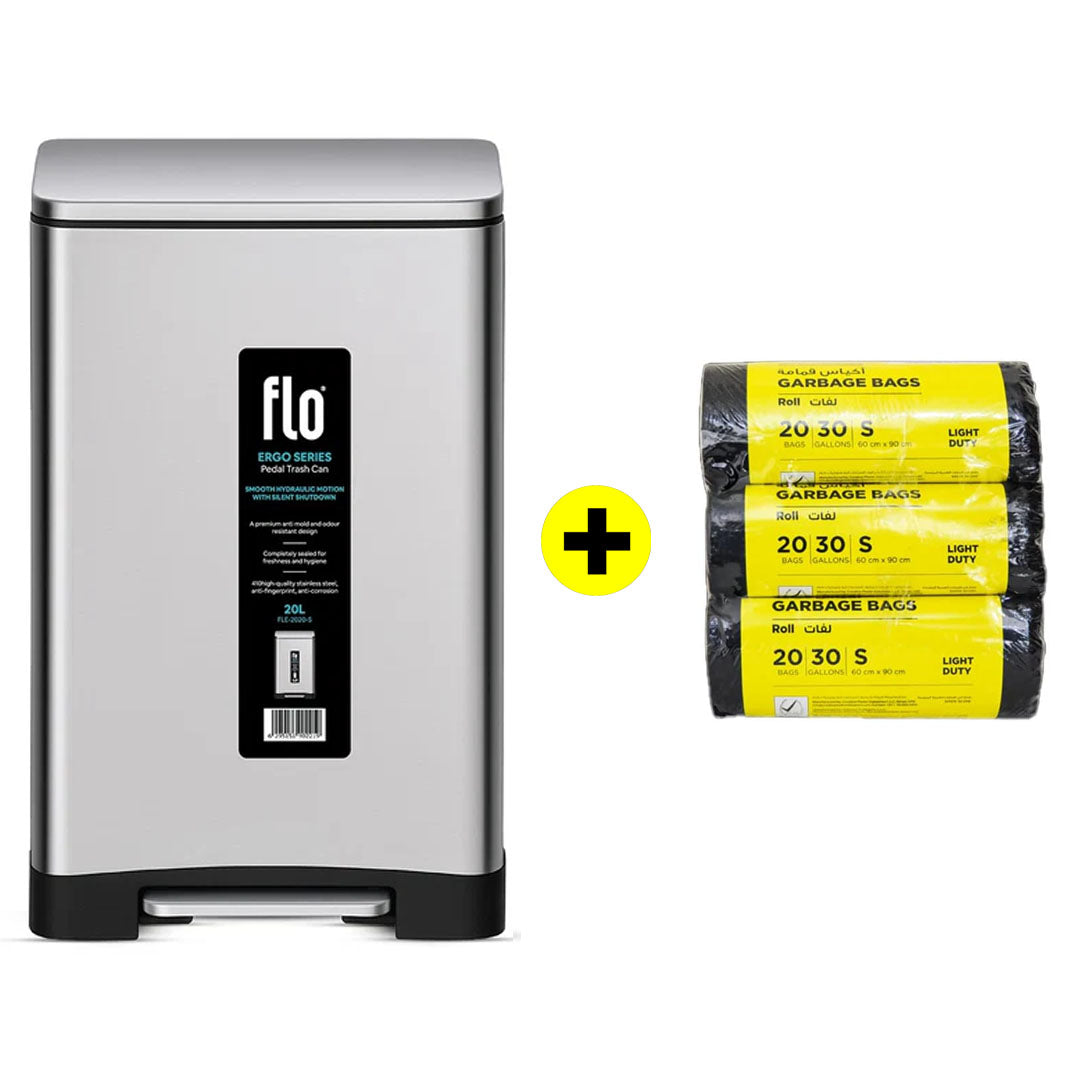 FLO S.S DUSTBIN - ERGO MATT STEEL 20L + FREE HD Garbage Black Roll S | 60X90CM | 3 Rolls