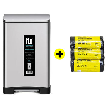 FLO S.S DUSTBIN - ERGO MATT STEEL 20L + FREE HD Garbage Black Roll S | 60X90CM | 3 Rolls