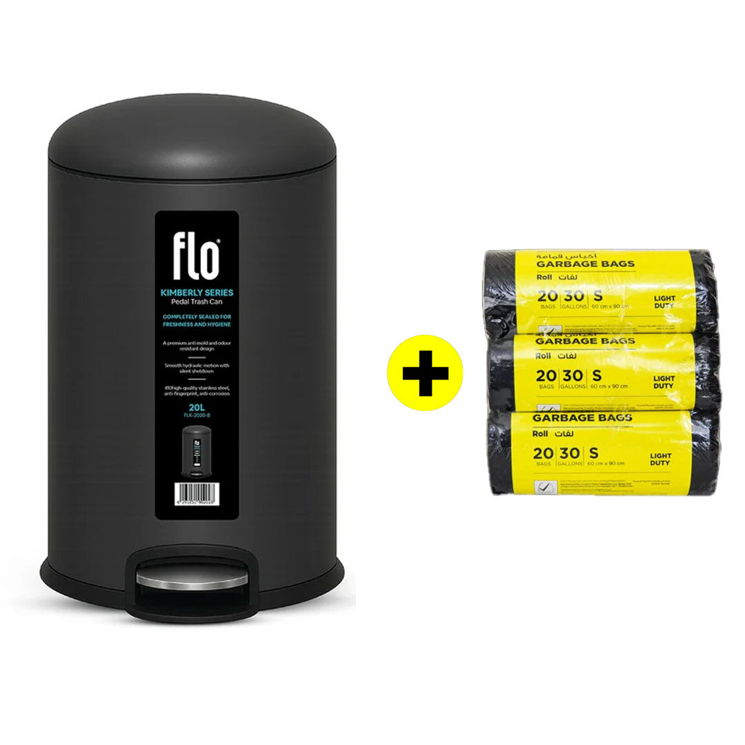 FLO S.S DUSTBIN - KIMBERLY BLACK 20L + FREE HD Garbage Black Roll S | 60X90CM | 3 Rolls