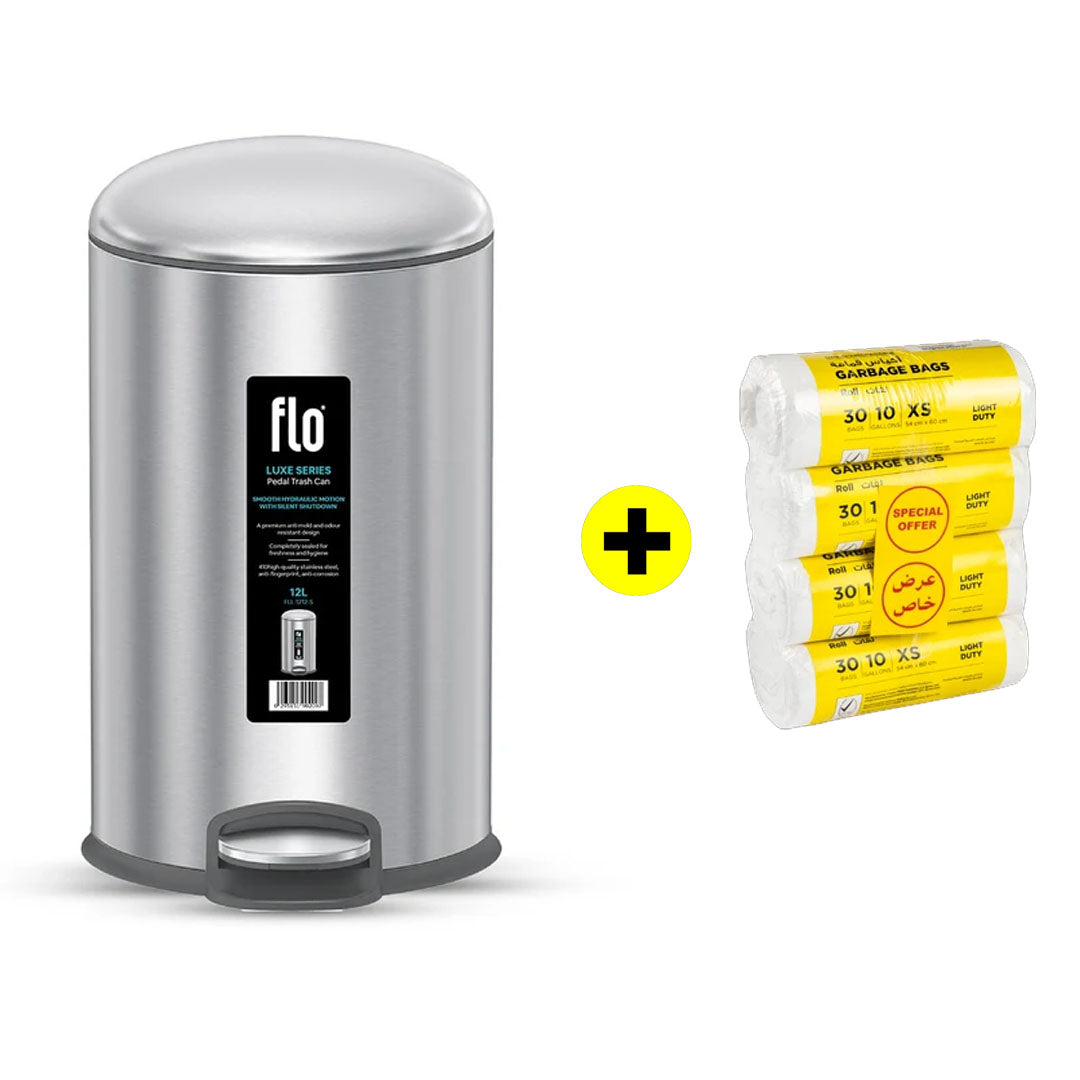 FLO S.S DUSTBIN - LUXE MATT STEEL 12L + FREE HD Garbage White Roll XS | 54X60 | 4 Rolls