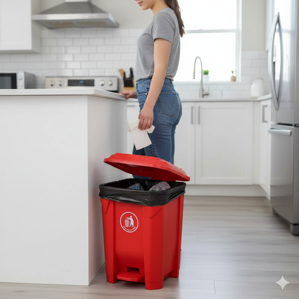 30L Plastic Dustbin with Pedal RED