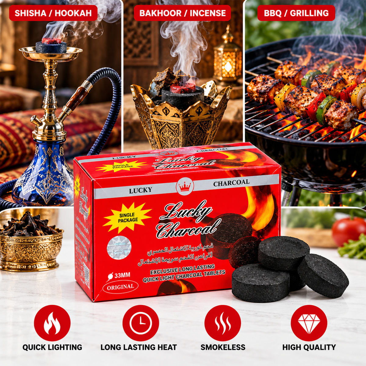Lucky Charcoal Round 33mm 80Pcs Pack of 24