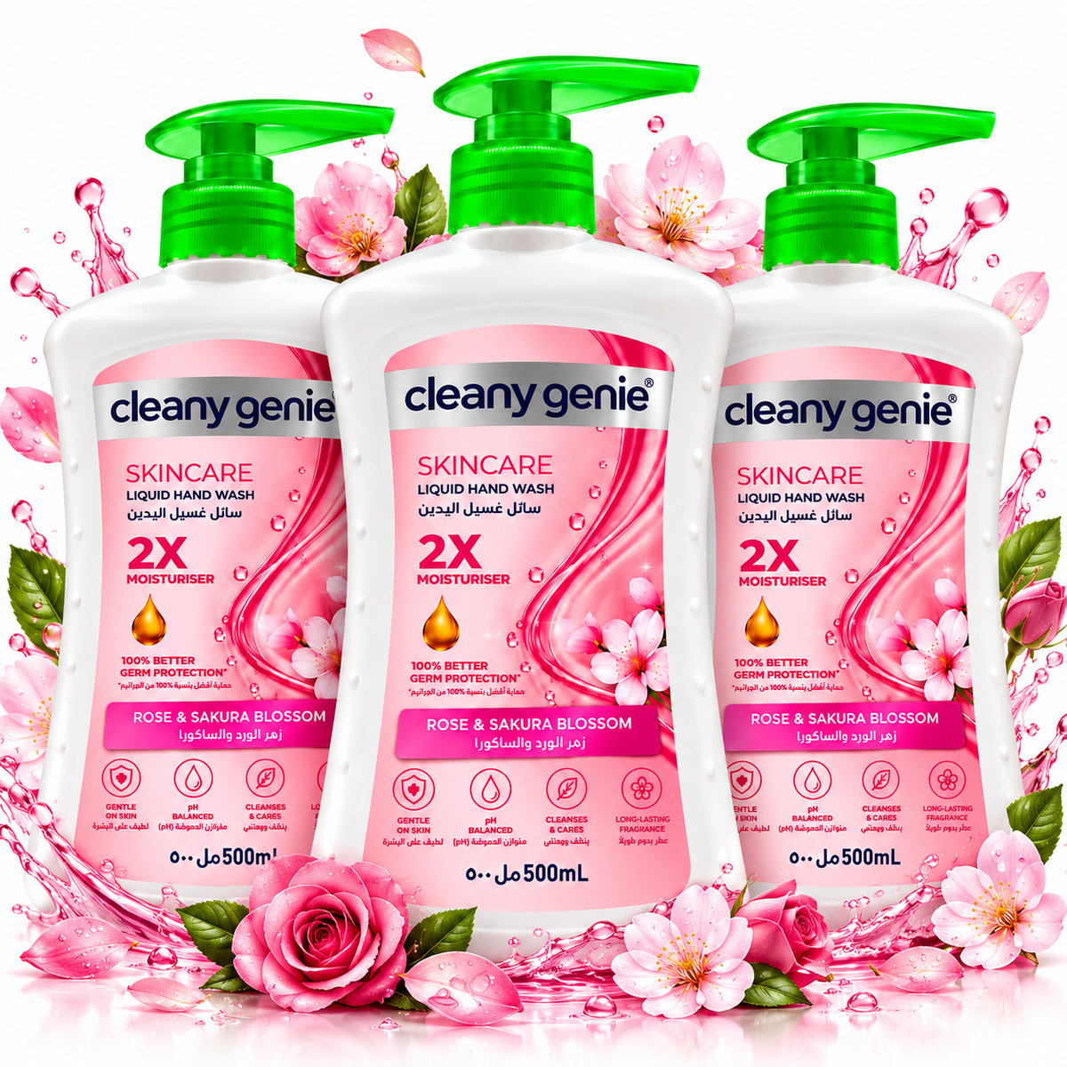 Cleany Genie Liquid Hand wash 500ml Skincare Rose & Sakura Blossom Pack of 3
