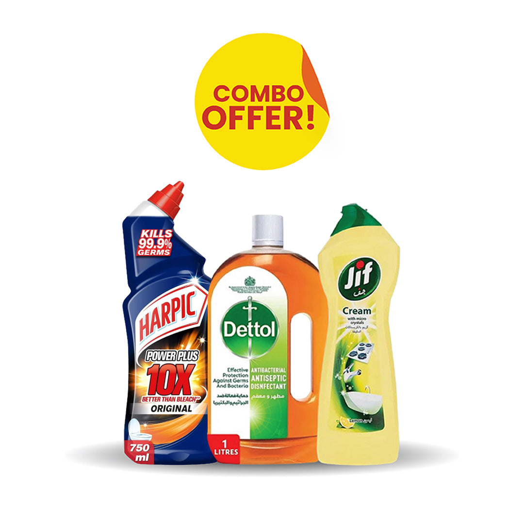 Harpic Toilet Cleaner Power Plus 750ML + Dettol Liquid 1L + Jif Cream Lemon 500ML Combo